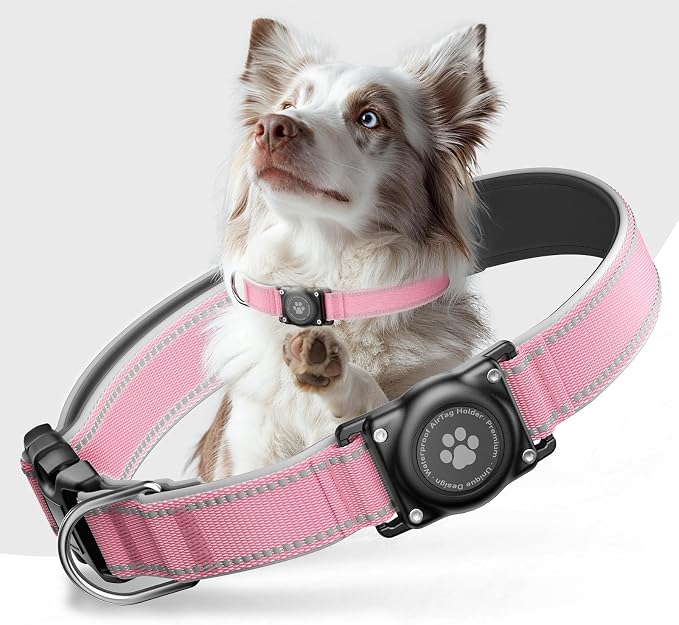 Upgrade Dog Collar with AirTag Holder, IP68 Waterproof, Pastel Pink, XL | Built-in Water Resistant AirTag holder, 1000D Nylon, Reflective Stitching for Night Visibility, Soft padding for Comfort