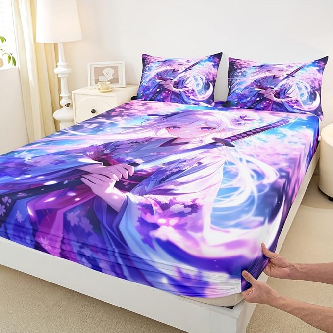 Erosebridal Anime Girl Full Bedding Set for Kids, Kawaii Japanese Anime Fitted Sheet Cartoon Girl Bed Sheets Sci Fi Style Japanese Animation Sheets for Kids Girls Teens Adult Bedroom