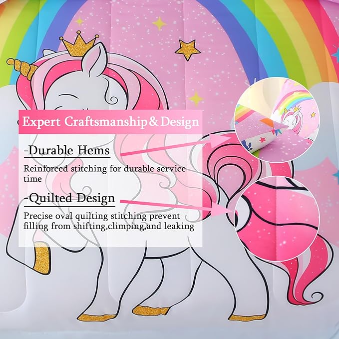 JQinHome Unicorn Full Bedding Sets for Girls Kids,8 Piece Bed in A Bag 3D Pink Sky Rainbow Clouds Theme Unicorn Comforter Set with Sheet Set(Pink Purple)