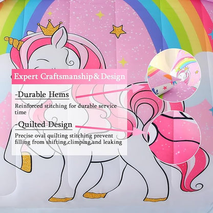 JQinHome Unicorn Twin Bedding Sets for Girls Kids,6 Piece Bed in A Bag 3D Pink Sky Rainbow Clouds Theme Unicorn Comforter Set with Sheet Set(Pink Purple)