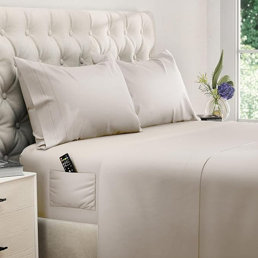 DREAMCARE Queen Size Sheets - Cooling Bed Sheets - 4pcs Set - up to 15" Deep Pocket Queen Sheet Set - Sheets Queen Size Bed - Soft & Long Lasting 100% Fine Microfiber with Side Pocket - Beige