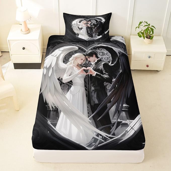 Erosebridal Angel Wings Sheets for Boys Girls Black and White Angel Fitted Sheet,Romance Love Kids Bedding Sets Princess Fairy Style Bed Sets Twin 2 Piece