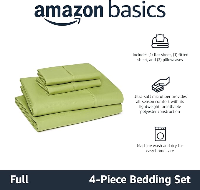 Amazon Basics Lightweight Microfiber 4-Piece Bed Sheet Set, Full, Oliver Light, Solid