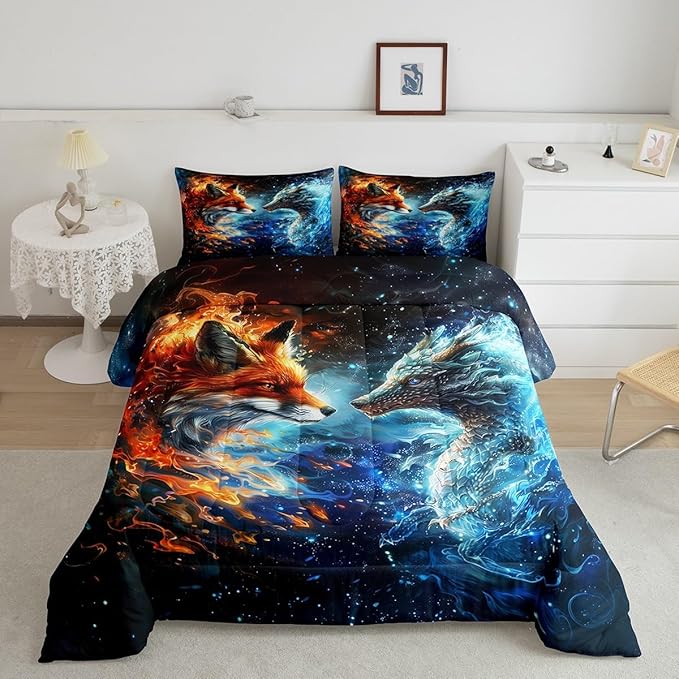 Fox and Dragon Bedding Set Full Size,3D Flaming Ice Collision Comforter Set,Western Magical Style Animals Down Comforter for Kids Boys Girls Teens Room Decor,Galaxy Universe Quilt Duvet Insert 3Pcs