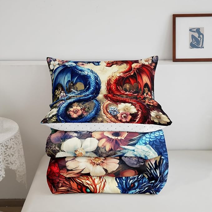 Castle Fairy Chinese Loong Kids Comforter Set,Wild Animals Dragon Bedding Set All Season,Watercolor Flowers Comforter 2 Pcs with 1 Pillowcase,Toddler Size
