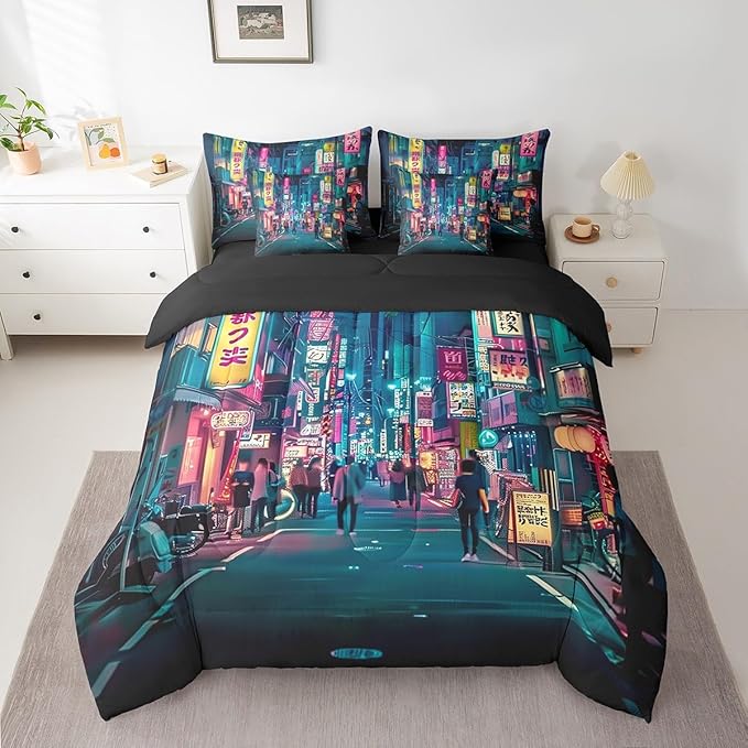Feelyou Japanese Art Comforter Set 7 Pieces Queen Size Tokyo Anime Bedding Set for Boys Girls Japan Night City Bed in a Bag with Comforter, Sheets, Pillowcases & Cushion Covers