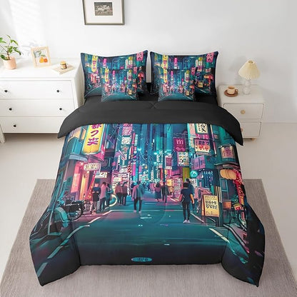 Feelyou Japanese Art Comforter Set 7 Pieces Queen Size Tokyo Anime Bedding Set for Boys Girls Japan Night City Bed in a Bag with Comforter, Sheets, Pillowcases & Cushion Covers
