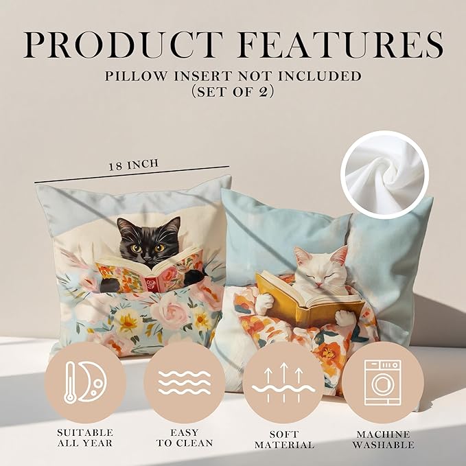 Funny Cat Reader Book Pillow Cover 18 x 18 Set of 2, Reading Nook Corner Decor, Gifts for Book Lovers, Preppy Floral Black White Cats Bookish Pillowcase（001）
