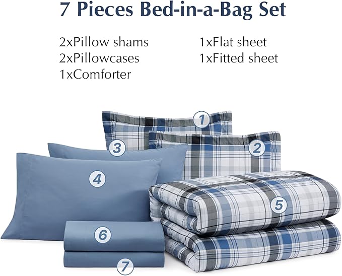 MaiRêve Full Size Plaid Comforter Set Lake Blue, Classic 7 Pieces Farmhouse Bedding Set, All Season Lightweight Bed in A Bag with Sheets, Pillowcases & Shams