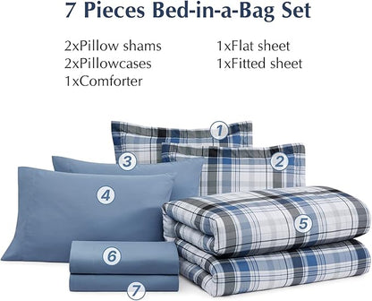 MaiRêve Full Size Plaid Comforter Set Lake Blue, Classic 7 Pieces Farmhouse Bedding Set, All Season Lightweight Bed in A Bag with Sheets, Pillowcases & Shams