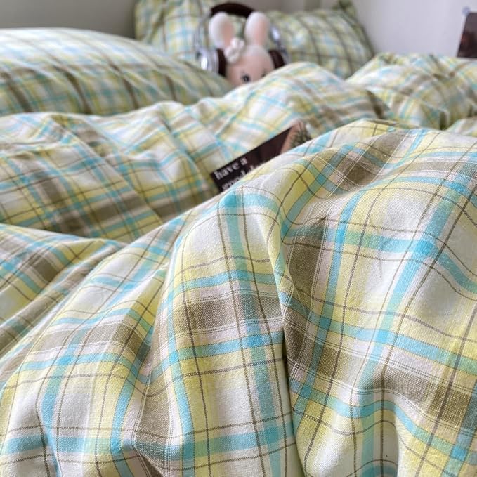EAVD Multicolor Buffalo Plaid Duvet Cover Queen Soft 100% Washed Cotton Reversible Grid Checkered Plaid Bedding Set Vintage Gingham Duvet Cover with 2 Pillowcases Modern Checkered Bedding Set