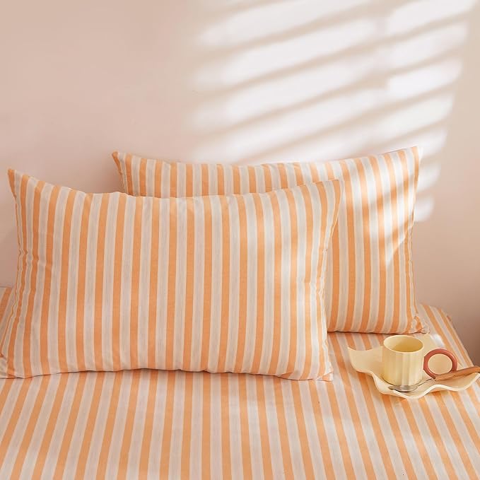 Orange Striped King Comforter Set Fluffy Down Alternative Bedding Set Soft Washed Cotton Chic All Season Bedding Comforter Sets Cute Boho Cozy Rustic Bed Comforter with 2 Pillowcases
