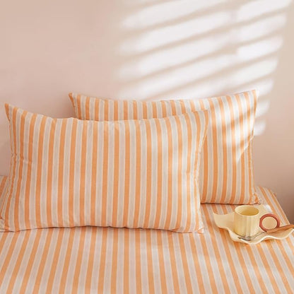 Orange Striped Queen Comforter Fluffy Down Alternative Bedding Set Soft Washed Cotton Chic All Season Bedding Comforter Sets Cute Boho Cozy Rustic Bed Comforter with 2 Pillowcases