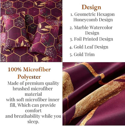 ANGIYUIN 7Pcs Burgundy and Gold Bed-in-A-Bag Honeycomb Hexagon Full Comforter Sets, 3D Geometric Watercolor Comforter Bedding Sets, Foil Print Bed Sets with Sheets for All Season (Burgundy, Full)
