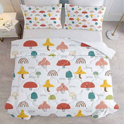 SOULZZZ Girls Rainbow Mushroom Comforter Colorful Trippy Cartoon Mushroom Bed Set Twin Size for Kids Boys Teens Wild Garden Plant Rainbow Kawaii Bedding Set with 2 Pillowcases