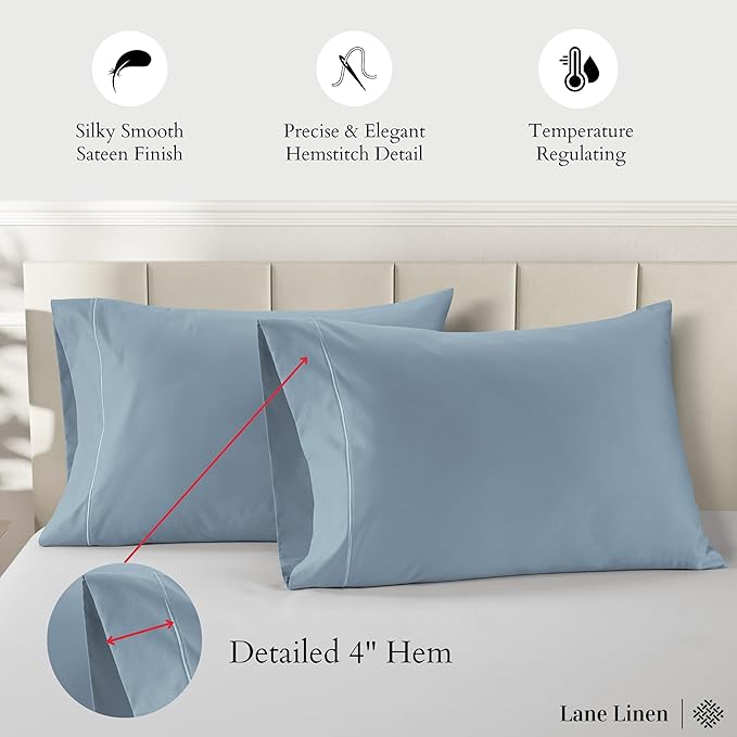 LANE LINEN 100% Egyptian Cotton Pillow Cases Queen Size Set of 2 (20"x30") - 1000 Thread Count - Soft Light Blue Pillow Cases - French Blue
