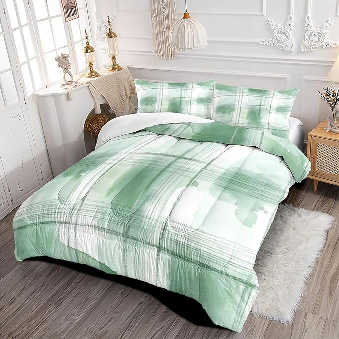 Abstract Bedding Set for Girls Boys, Full Size 3-Piece Green White Tie Dye Bed Set with Comforter 79"x 90" and 2 Pillowcases for All Season
