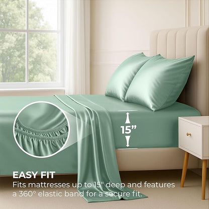 Pure Bedding Satin Sheets Twin [3-Piece, Champagne Green] Hotel Luxury Silky Bed Sheets - Extra Soft 1800 Microfiber Sheet Set, Wrinkle, Fade, Deep Pocket Fitted Sheet, Flat Sheet, Pillow Cases