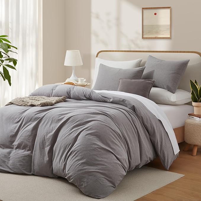LOVQUE Light Grey Cotton Duvet Cover King Size, Linen Like Natural Bedding Set with Zipper Closure (No Comforter), 104x90 Inches