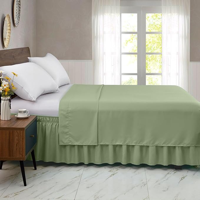 FreshCulture Twin Bed Skirt, Elastic Wrap Around Bed Skirt Twin Bed, Easy Fit with 15-Inch Tailored Drop, Hotel Quality Bed Skirts for Adjustable Bed (Sage Green)