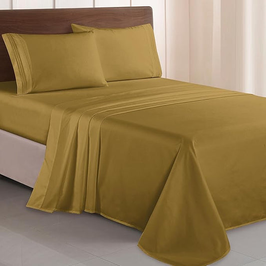 Elegant Comfort Luxurious 1500 Premium Hotel Quality Microfiber Three Line Embroidered Softest 4-Piece Bed Sheet Set, Wrinkle and Fade Resistant, Full, Bronze