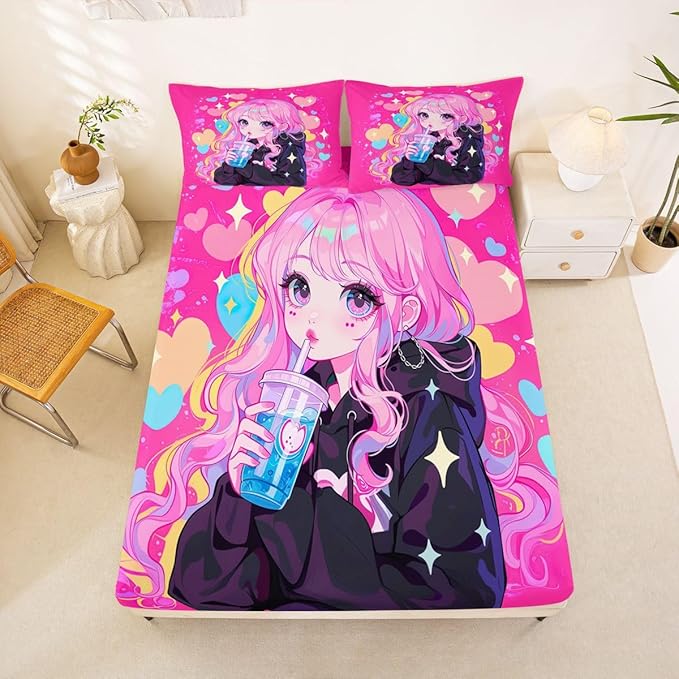 Erosebridal Preppy Girls Sheets for Boys Girls Kawaii Japanese Girl Drinking Water Fitted Sheet,Coquette Girl with Colorful Curly Hair Kids Bedding Sets Pink Anime Gifts Bed Sets Full 3 Piece