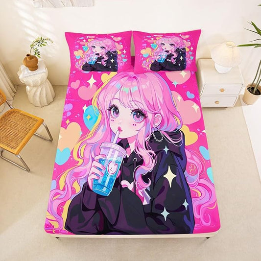 Erosebridal Preppy Girls Sheets for Boys Girls Kawaii Japanese Girl Drinking Water Fitted Sheet,Coquette Girl with Colorful Curly Hair Kids Bedding Sets Pink Anime Gifts Bed Sets Full 3 Piece