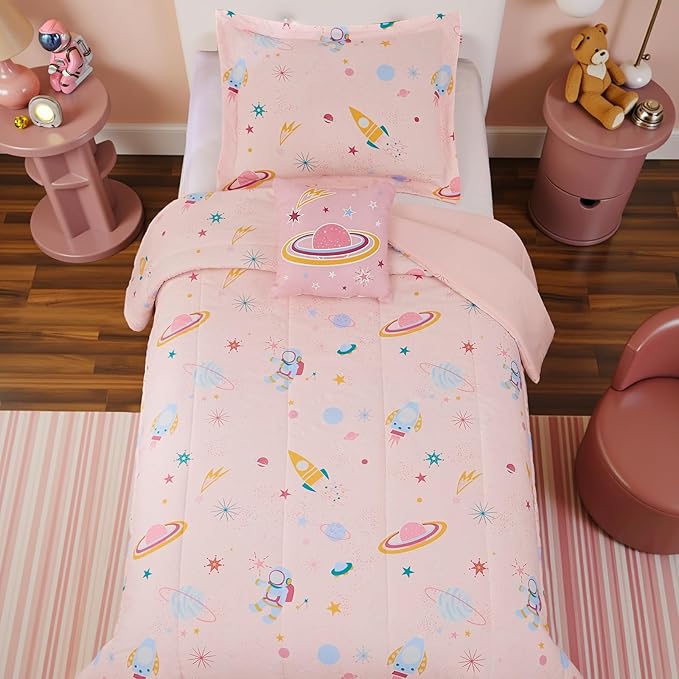 Twin Comforter Set for Girls - 3 Pieces Space Twin XL Bedding Set with 1 Comforter, 1 Decor Pillow, 1 Pillow Sham