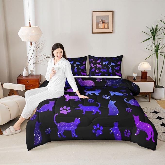 Erosebridal Cat Comforter Set King Cat Lovers Bedding Set Cats Cartoon Silhouette Purple Blue Reversible Black Ombre Down Comforter Neon Animal Paw Print Galaxy Slitter Stars Quilt Set For Kids