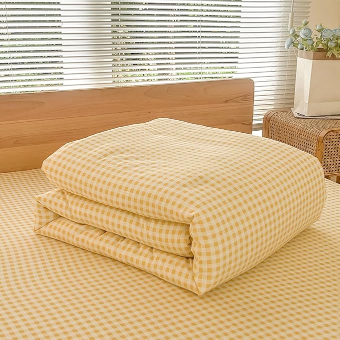 NSNLGSGC Twin Comforter Set, Yellow Gingham Bedding Sets, Yellow Grid Bed Comforter 2 Pieces (1 Comforter, 1 Pillowcase)