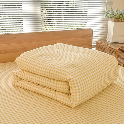 NSNLGSGC Queen Comforter Set, Yellow Gingham Bedding Comforter Sets, Yellow Grid Bed Comforter 3 Pieces (1 Comforter, 2 Pillowcases)
