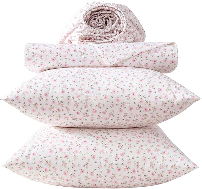 Laura Ashley - Queen Sheet Set, Crisp & Cool Cotton Percale Bedding for Year Round Comfort, Deep Pocket, Bed Sheets with Matching Pillowcases (Little Ditsy Pink)