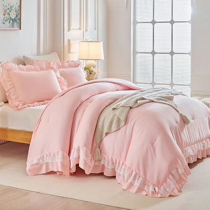 Joyreap Queen Size Comforter Set Blush Pink, 3pcs Lace Ruffled Bedding Comforter Set, Microfiber Vintage Boho Chic Bedding Set for All Season- 88x88 inches