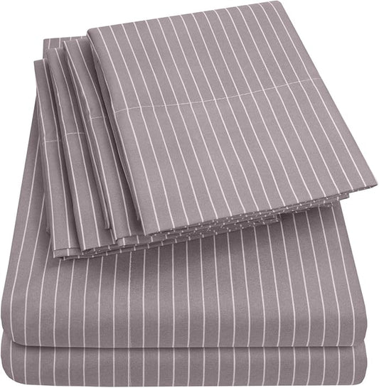 King Size Bed Sheets - 6 Piece 1500 Supreme Collection Fine Brushed Microfiber Deep Pocket King Sheet Set Bedding - 2 Extra Pillow Cases, Great Value, King, Pinstripe Gray