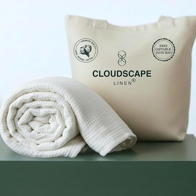 CLOUDSCAPE 100% Cotton Muslin Throw Blanket for Adults - 4 Layer 50x70 Oversized Breathable Gauze Bedding, All Season Spring Gifting, Cozy Lightweight Throw for Sofa, Couch, Home Decor - White