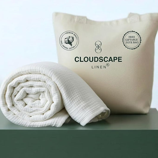 CLOUDSCAPE 100% Cotton Muslin Throw Blanket for Adults - 4 Layer 50x70 Oversized Breathable Gauze Bedding, All Season Spring Gifting, Cozy Lightweight Throw for Sofa, Couch, Home Decor - White