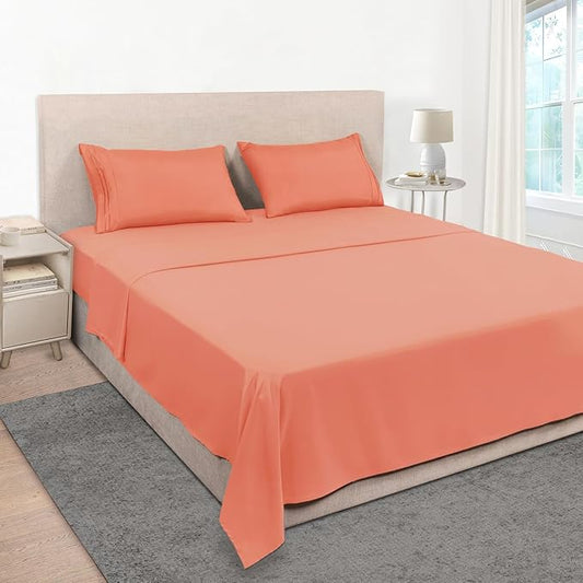 Mejoroom Full Size Sheet Set - Soft Microfiber Bed Sheets - Deep Pocket Fitted Sheet, Breathable, Wrinkle & Fade Resistant - 4 Piece (Full, Coral)