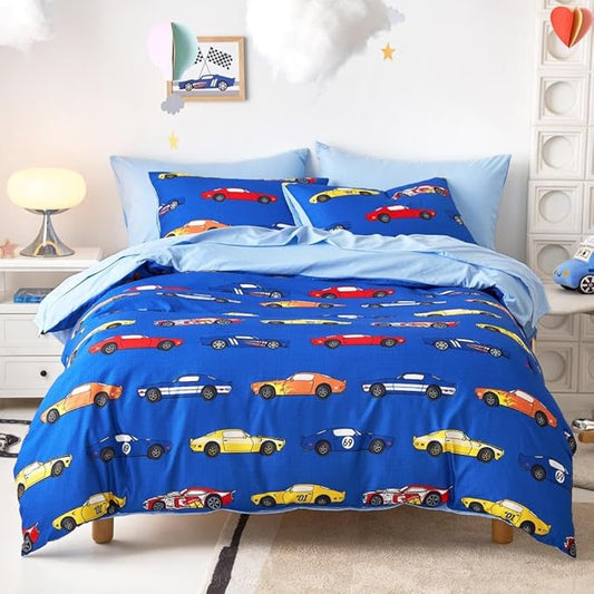 Wake In Cloud - Race Car Bedding Set for Boys, Cute Colorful Sports Car Supercar Wheels Comforter Set with Sheets, 5 Pieces Kids Bed in a Bag, Blue, Twin Size