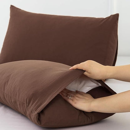 MooMee Bedding Pillowcases Pack of 2 100% Washed Cotton Linen Like Textured Breathable Durable Soft Comfy (Solid Cocoa Brown, King)