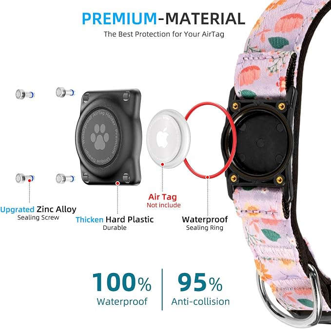 Upgrade Dog Collar with AirTag Holder, IP68 Waterproof, Lavender Garden, XL | Built-in Water Resistant AirTag holder, 1000D Nylon, Reflective Stitching for Night Visibility, Soft padding for Comfort