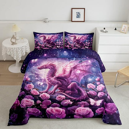 Pink Dragon Comforter Set King Size,Rose Flower Galaxy Butterfly Bedding Set for Kids Boys Girls Room Decor,Glitter Starry Sky Fantasy Duvet Insert 3Pcs,Wild Animal Nature Quilt Set,2 Pillowcases