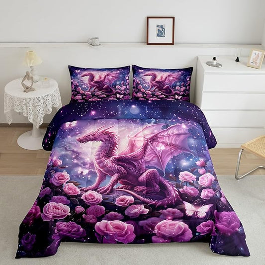 Pink Dragon Comforter Set King Size,Rose Flower Galaxy Butterfly Bedding Set for Kids Boys Girls Room Decor,Glitter Starry Sky Fantasy Duvet Insert 3Pcs,Wild Animal Nature Quilt Set,2 Pillowcases