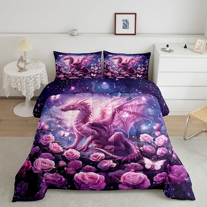 Pink Dragon Comforter Set Full Size,Rose Flower Galaxy Butterfly Bedding Set for Kids Boys Girls Room Decor,Wild Animal Nature Quilt Set,Glitter Starry Sky Fantasy Duvet Insert 3Pcs,2 Pillowcases