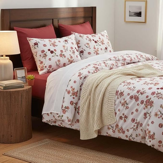 Nayoroom Vintage Floral Comforter Set Queen Size Red Pink Flower Botanical Leaf Pattern Spring Bedding Set 3 Pieces Soft Lightweight Aesthetic Garden Comforter for All Seasons