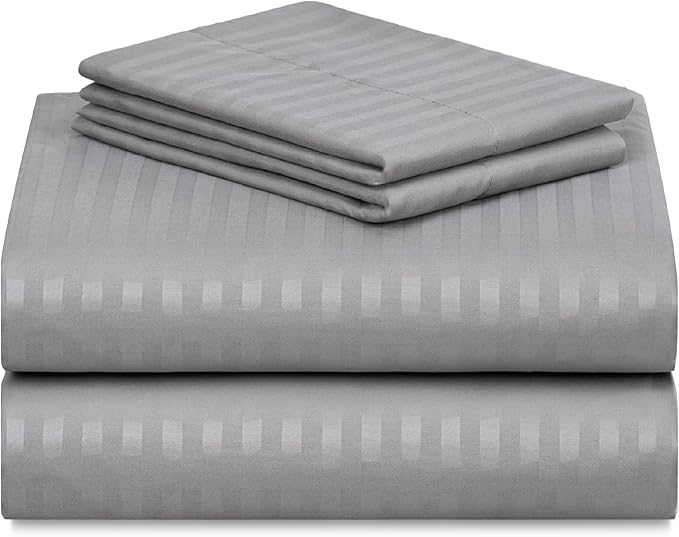 LuxClub 4 PC Cal King Size Sheet Set, Breathable Luxury Bed Sheets, Deep Pockets 18" Wrinkle Free Cooling Machine Washable Hotel Bedding (Striped Light Grey)