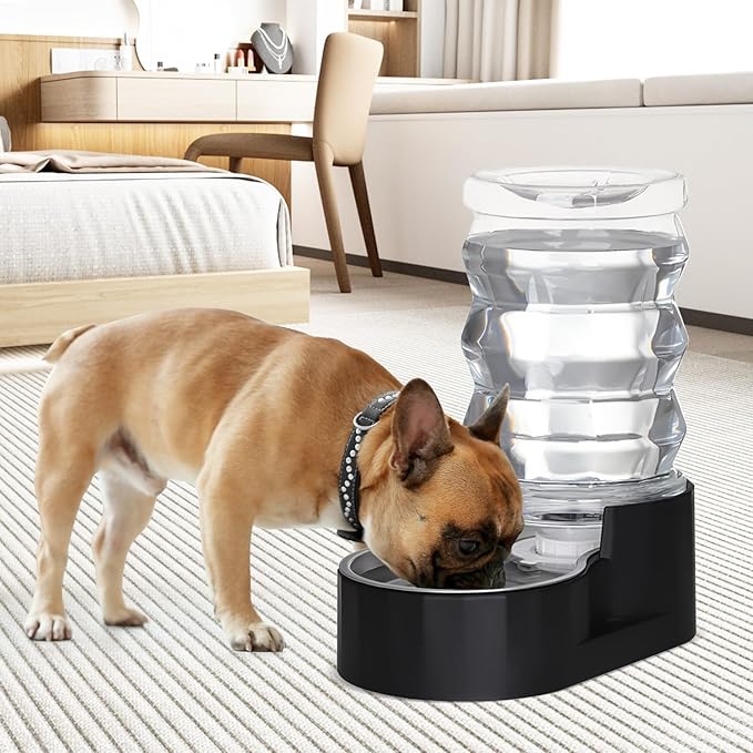 RIZZARI 7L Dog Water Bowl Dispenser:Black Stainless Steel Gravity Bowl | Built-In Filtration/Clear Water Reservoir/Spill-Resistant Design/Easy Water Monitoring/Food-Grade Materials/Indoor Daily Use