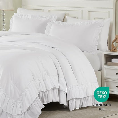 Cupocupa White Ruffle King Size Comforter Set; Shabby Chic Bedding Farmhouse Rustic 3 Pcs Bedding Ultra Soft Fluffy Washed Vintage Solid Boho Lightweight Off White Bed Set for All Seasons