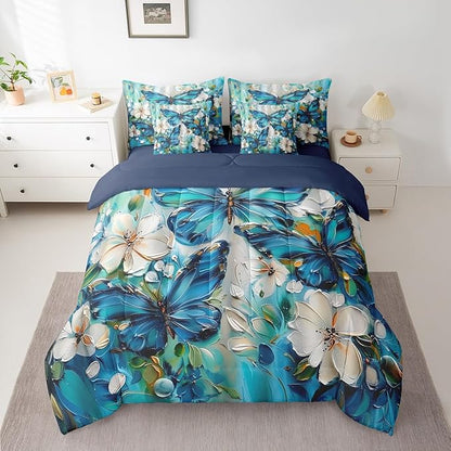 Erosebridal Girls Teal Blue Butterfly Bedding Set Twin 7 Piece White Flowers Oil Painting Boho Comforter Set Retro Floral Butterfly Bed in A Bag,Aesthetics Bohemian Sheet Set with Comforter