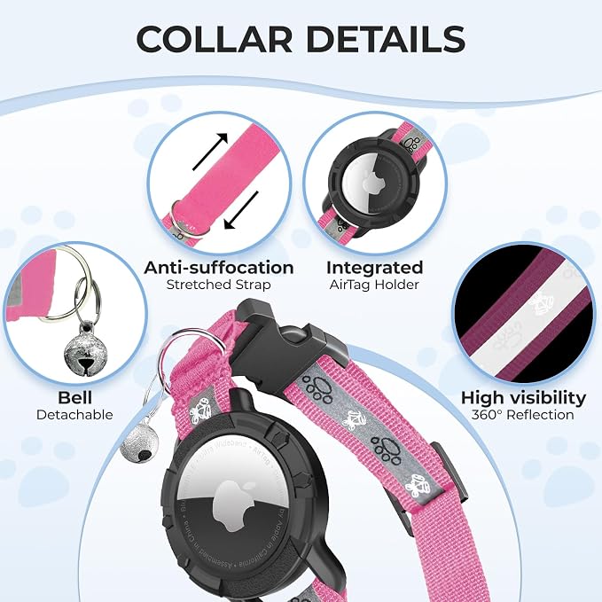 Breakaway AirTag Cat Collar, Reflective Cat Tracker Collar with Bell | Built in AirTag Holder, Adjustable 8.5-12in for Cats, Kittens and Puppies, Safety Elastic Band, Reflective for Night Walking