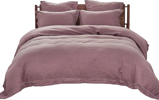 Simple&Opulence 100% Washed Linen Duvet Cover with Embroidered, 2 Pieces Soft Farmhouse Comforter Set with Button Closure,1 Duvet Cover and 1 Pillowsham(Twin,Purple)